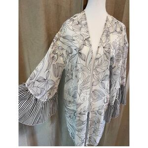 Sheer Floral print Kimono with Striped bell Sleeves